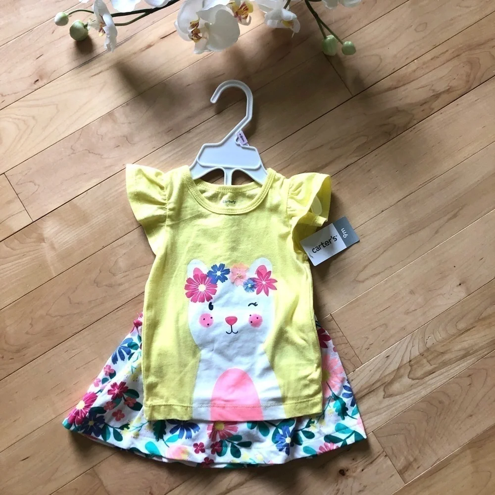 NWT Carter’s yellow baby girl cat floral ruffle shirt and skort outfit 9 months